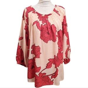 CATO Floral Shirred Scoop Neck Red Cream Loose Peasant Tunic Top 18/20 W
